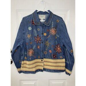 TANTRUMS Denim Embroidered Crochet Button Front Shirt Jacket MEDIUM Pockets Boho